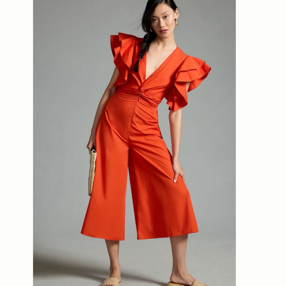 Anthropologie Zunilda Gutierrez Orange Ruffle-Sleeve Wide-Leg Jumpsuit Sz Sm NWT